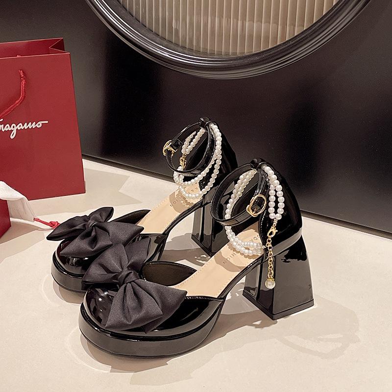 Mary Jane High Heels with Skirt Thick Heel Waterproof Table White Wedding Shoes Small Leather Shoes Pearl Bow Single Shoes