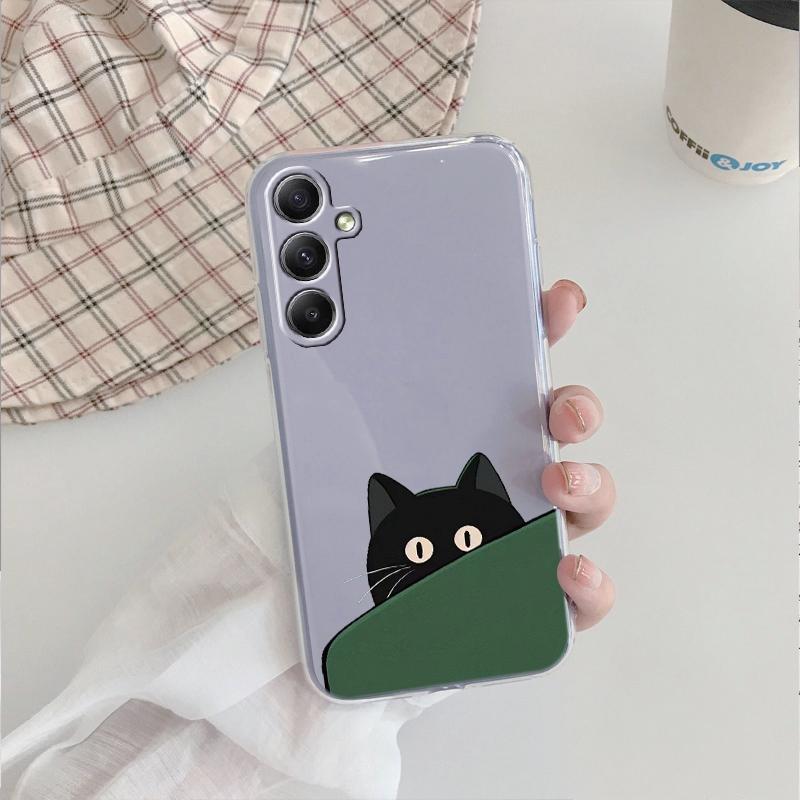Husă din silicon cu pisică neagră drăguță, moale, transparentă, pentru Xiaomi Redmi Note 13 14T 15 Samsung A55 A35 S24 iPhone 15 Huawei Honor Camera de protecție antișoc