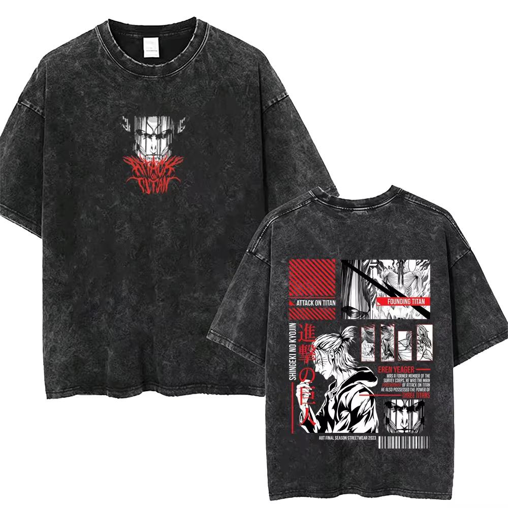 Washed Vintage Anime Attack On Titan T-shirt Eren Jaeger with Levi Ackerman Merch T Shirts Men Women Vintage Top Hip Hop Streetwear Oversized Tshirt