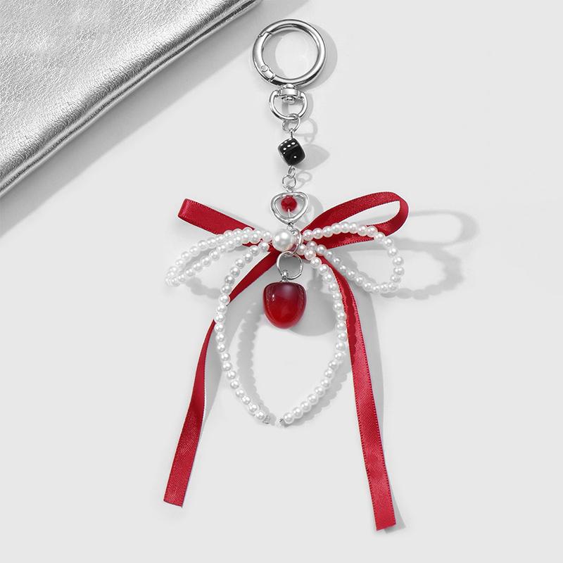 Sweet Red Cherry Pearl Keychain Ribbon Bowknot Keyring Bag Pendant Key Hanging Decoration For Best Friend Gifts