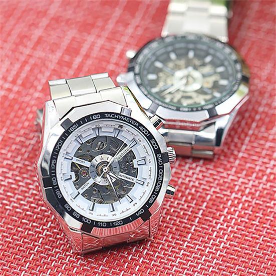 Men Hand-Winding Skeleton Automatic Mechanical Stainless Steel Sport Wrist Watch