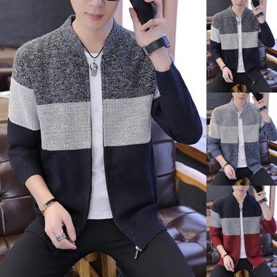 Autumn Men Long Sleeve Knitted Sweater Thick Warm Color Block Zip Jacket Coat