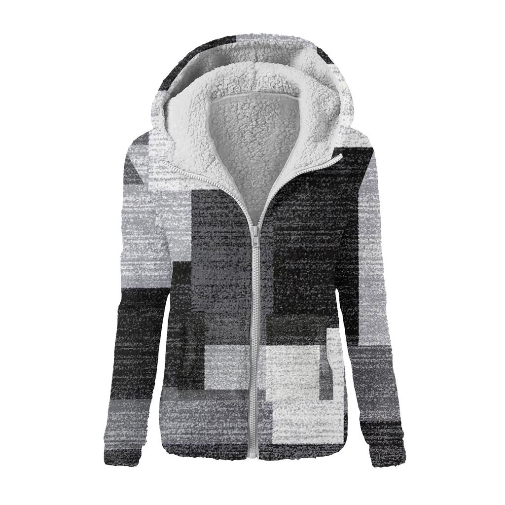 Damenmode Geometrischer Patchwork-Print Kapuzenplüsch Lässiges Oberteil Reißverschlussjacke