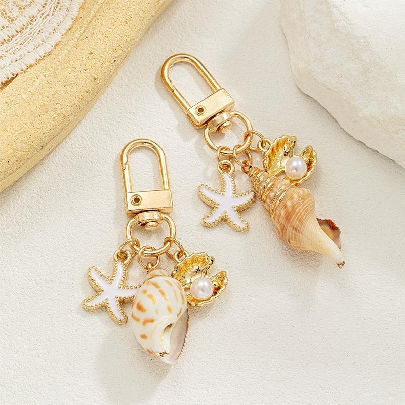 1PC Key Ring Bohemia Tassel Pendant Gold Color Starfish Conch Exquisite Pearl Shell Bag Ornaments Keyrings