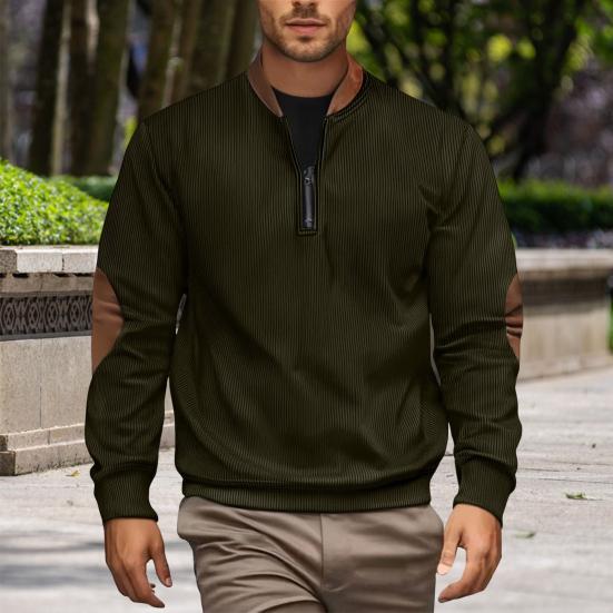 Men Sweatshirt Half Zipper Plaid Stand Collar Elbow Decoration Pullover Tops Long Sleeve Jacket Work Date Wear
