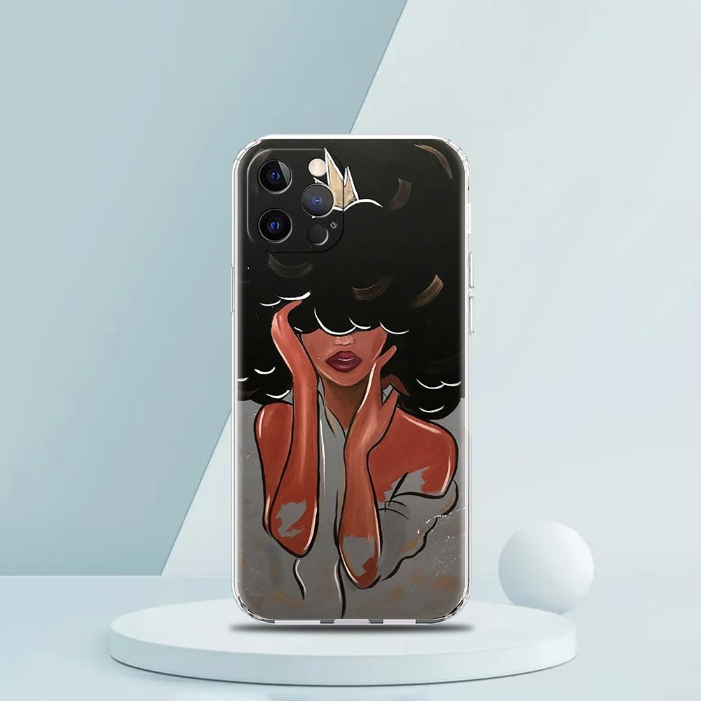 Fashion Black Girl Phone Case for iPhone 16 15 14 13 12 Pro Max Cover Transparent for iPhone 11 Pro Max 7 8 Plus XS XR Shell Bag