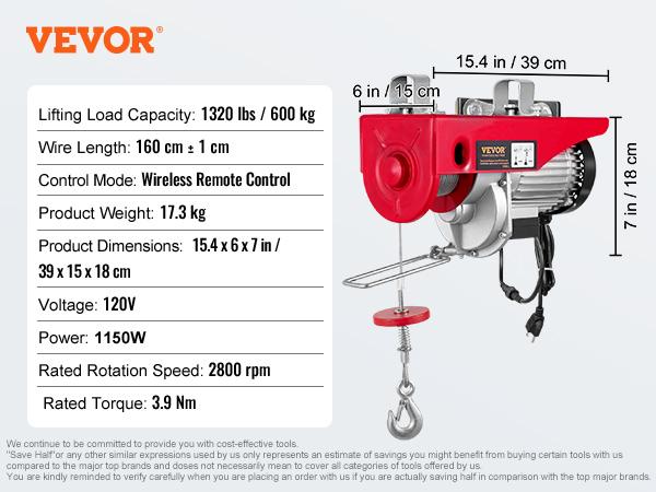 SucceBuy 200-800kg Electric Hoist with Wired/Wireless Remote Control Lifting Crane Cable Hoist Winch for Boat Garage Elevator