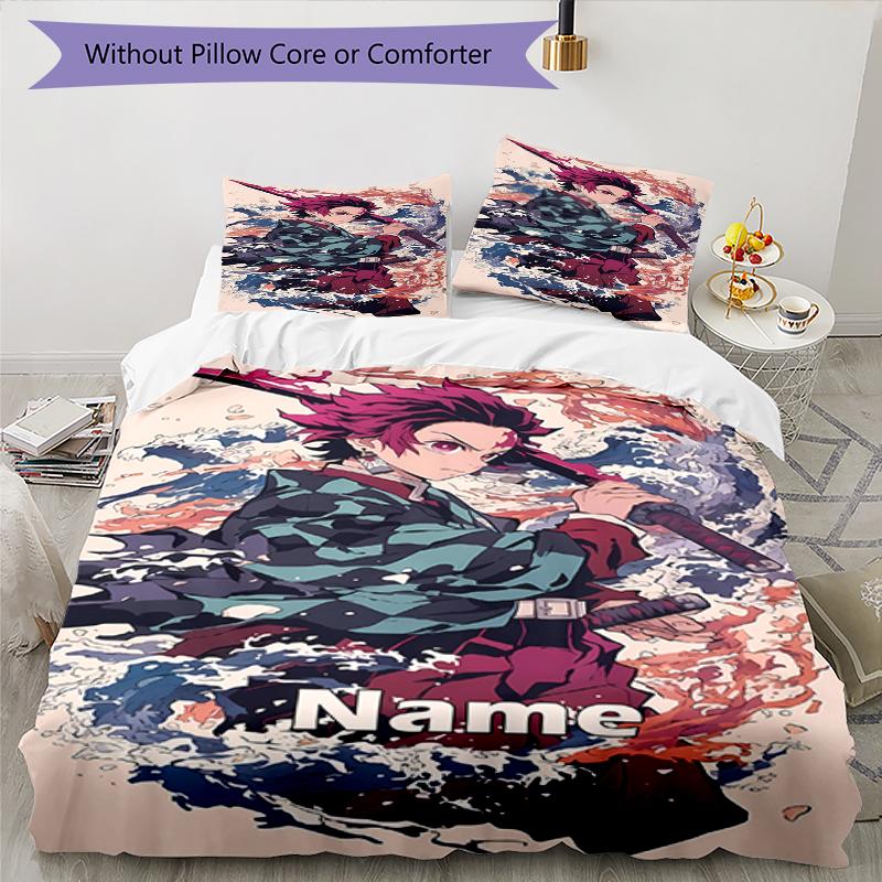 3pcs Custom Name Demon Slayer Bedding Set Duvet Cover Closure Includes 1 Duvet Cover & 2 Pillowcases, Soft and Comfortable for All Seasons.