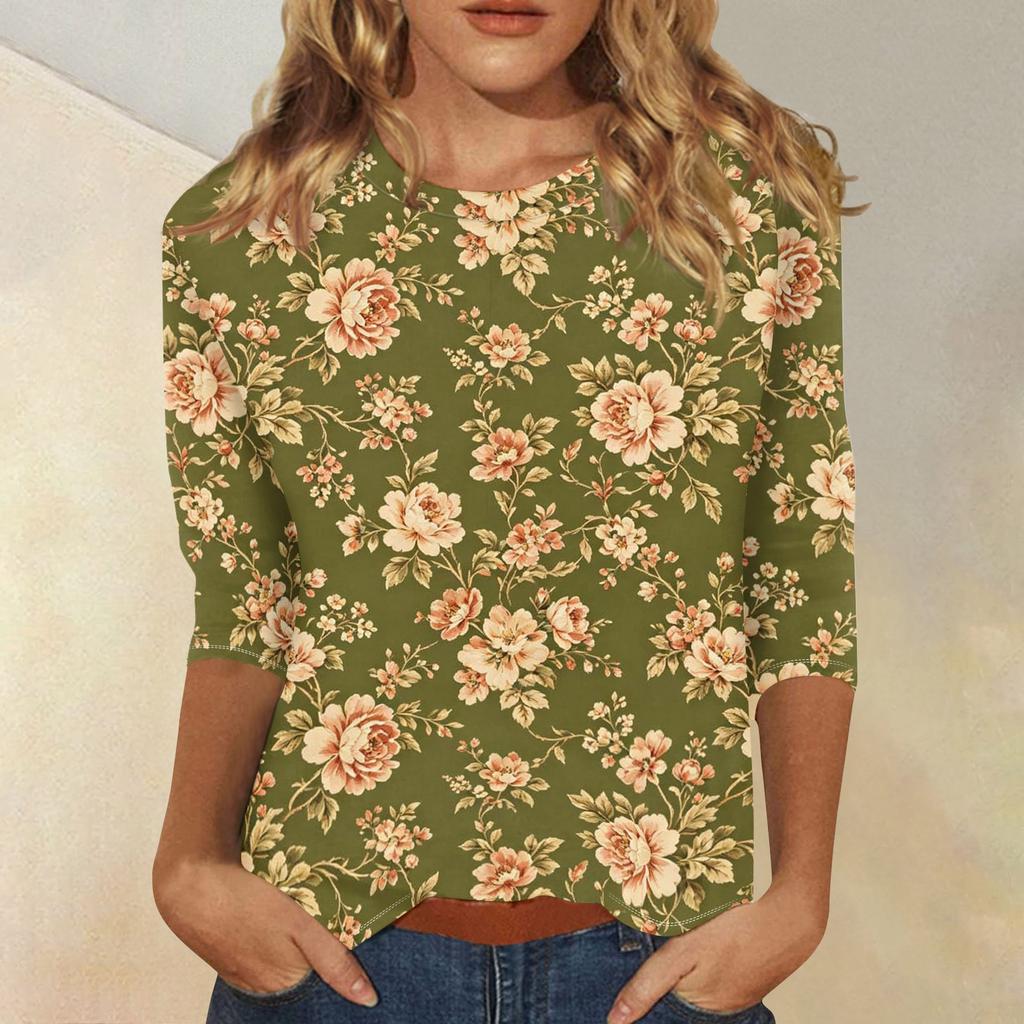 Women's Casual Floral Print Round Neck Top with Three Quarter Sleeves Loose Fit Comfortable Lightweight Blouse for Spring Summer