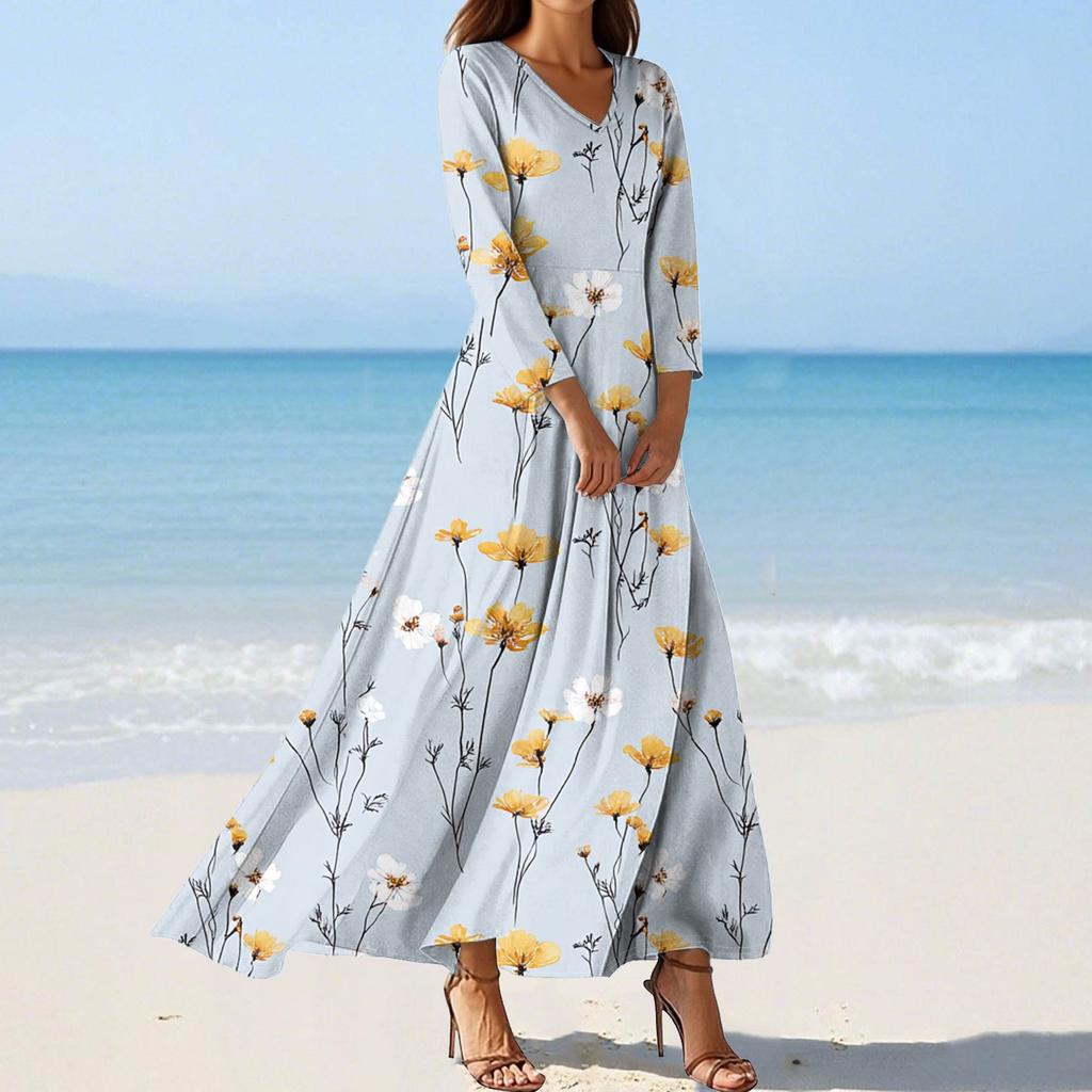 Women's Fashion V-Neck Floating Beach Dresses Seven Sleeve Floral Printed Dresses