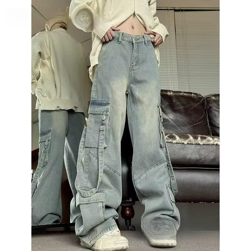 2024 American Style Women's Denim Overalls: High Street Multi-Pocket Wide Leg Retro Jeans for Autumn