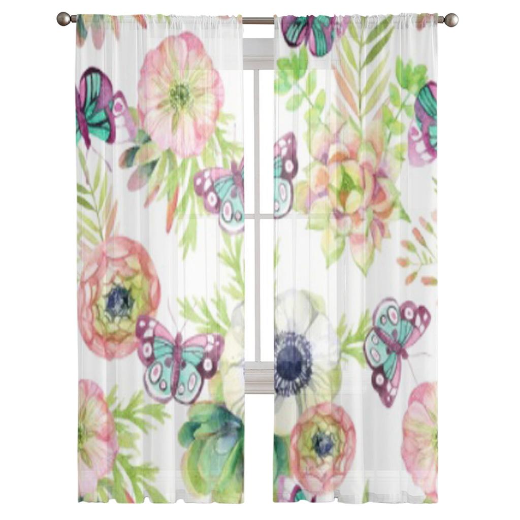 Akwarela Motyl Kwiat Przezroczyste Zasłony Do Salonu Przezroczyste Tiulowe Zasłony Okien Sypialnia Kuchnia Dekoracja Welon Zasłony