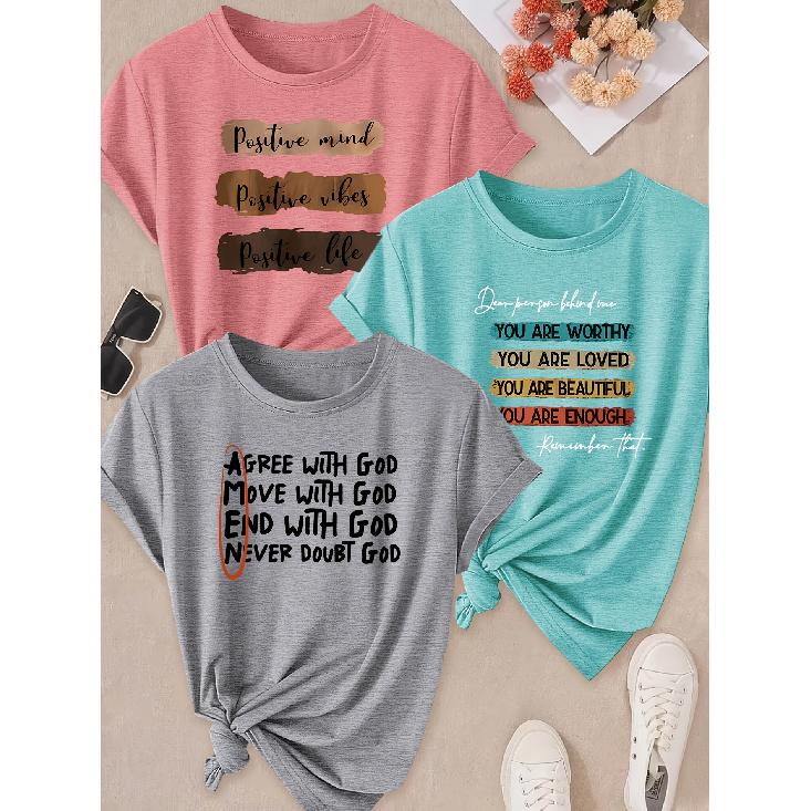 Spring and Summer Hot Sale Women's Clothing 3 Pack of round-neck short-sleeve shirts T Shirt Positive energy self-affirmation text print Sunlight