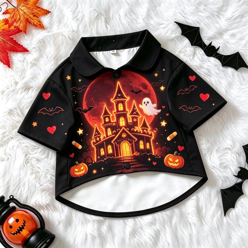 Pet Dog Shirt Glowing Pumpkin Ghost Witch Hat Print Breathable Button Up for Small Medium Dogs Cute Halloween Theme Party Wear