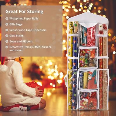 Double-Sided Gift Wrap Organizer Wall-Mounted Paper & Card Organizer Wrapping Paper Organizer for Christmas Halloween New Year