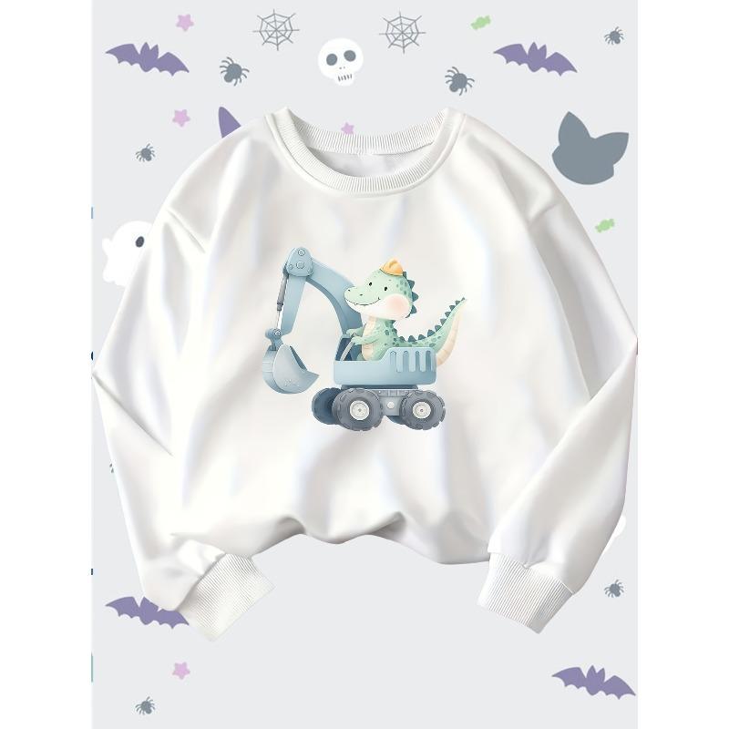Unisex Long Sleeve Crewneck Pullover Sweatshirt Featuring Cartoon Dinosaur Operating an Excavator Machine. Ideal for Daily Casual Outfits, Home