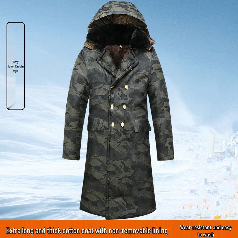 Men's Extra Long Winter Coat - Army Green, Waterproof, Windproof, Thickened Cotton with Removable Velvet Lining, Coldproof for Northeast Winters.