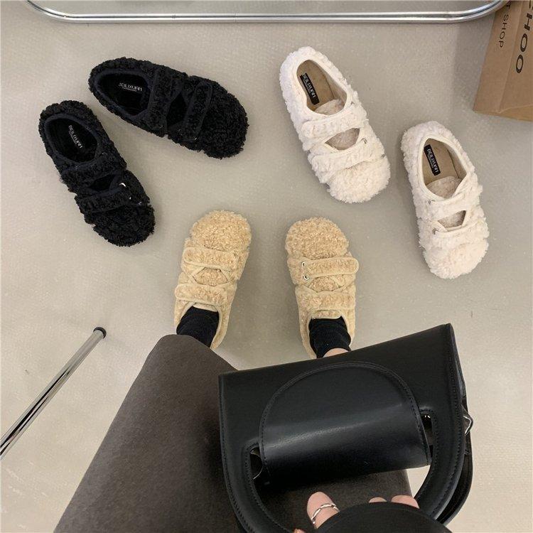 ins gentle wind~ giant warm~ cross one pedal cover foot flat bottom fluffy shoes women wear round head single shoes in winter