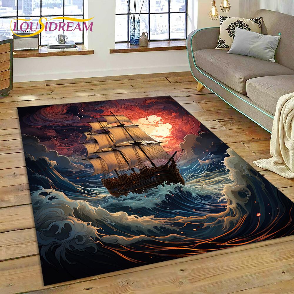 Ancient Pirate Ship Boat,Barque,Sailboa Rug Carpet for Living Room Bedroom Decor,Floor Mat Non-slip Decoration for Sofa Doormat