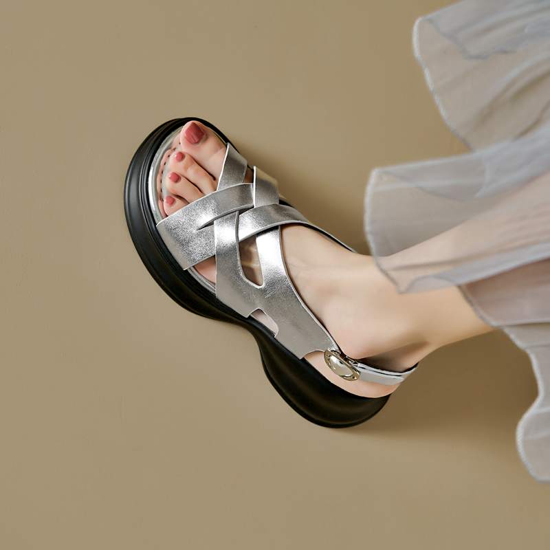 Krazing Pot Sheepskin Peep Toe Thick High Heels Summer Shoes Buckle Straps Platform Weaving Style Women Sandals