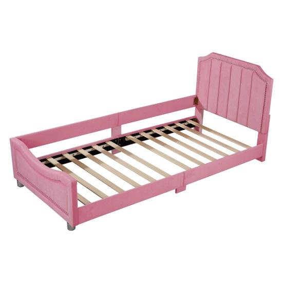 Teen Bed Children Bed, Upholstered 90x200cm Sofa Frame Flannel Multifunctional Soft with Backrest Armrest Parent-Child Youth Guest Pink