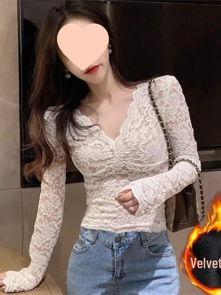 Women's Long-Sleeve V-Neck Lace Base Layer - Fleece-Lined/Unlined Autumn & Winter Sexy Hollow Fashion Top