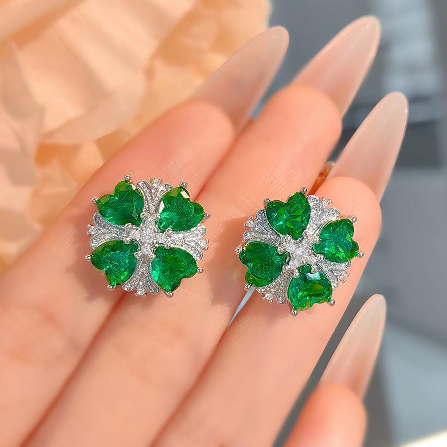 Fashion Light Luxury Heart-Shaped Four-Leaf Clover Pendant Necklace Flower Ring Simulation Emerald Diamond Stud Earrings Colorful Treasure Set Women