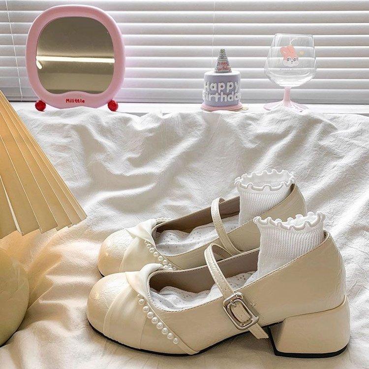 

Vintage Pearl Kink Thick Heel Baotou Sandals Fairy Single Shoes with Skirt Mary Jane Shoes 35 білий