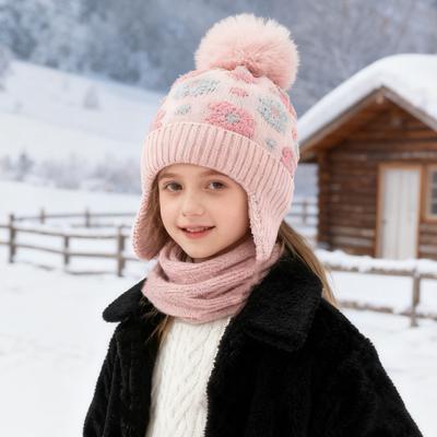 Children Woolen Hat with Fur Ball Small Flower Decorations Ear Protection Thickened Plush Lining Knitting Hat