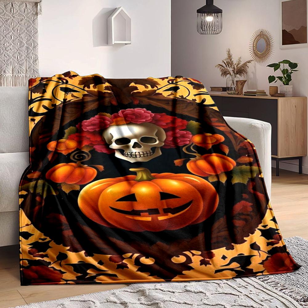 1Pc Halloween Skull Pumpkin Flannel Blanket, Soft And Comfortable, Casual Warm, Camping Travel, Christmas, Halloween Xmas Gift. Eg116