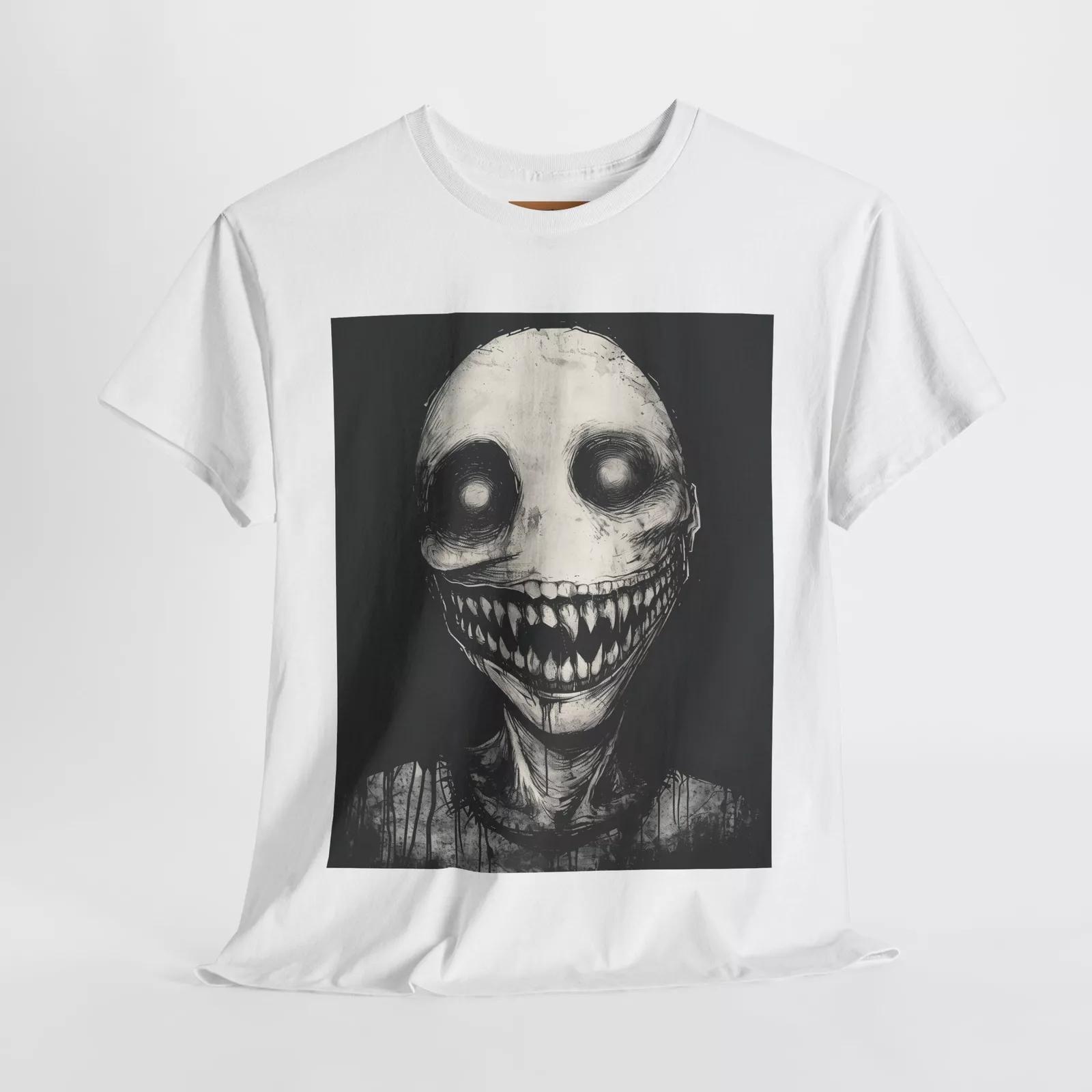 Unsettling Humanoid Face T-Shirt – Too Many Teeth & Empty Eyes Horror Art S