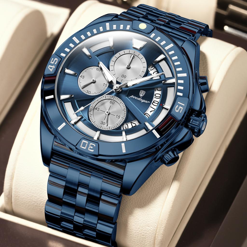 Men Chronograph Watches Stainless Steel Analog Quartz Wrist Watch Waterproof Luminous Date Business Dress Watch for Men