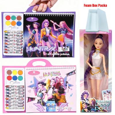 KPop Demon Huntress: Kids' Anime Tracing Book + 30cm Dolls with Weapons (Lumi/Mira/Zoe) | Birthday Gift