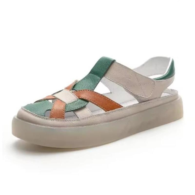 

3CM Fashion Mixed Colors Genuine Leather Sandals Women New Summer Slingback Shoes Soft Sole Outside Casual Flat Sandals Female 35