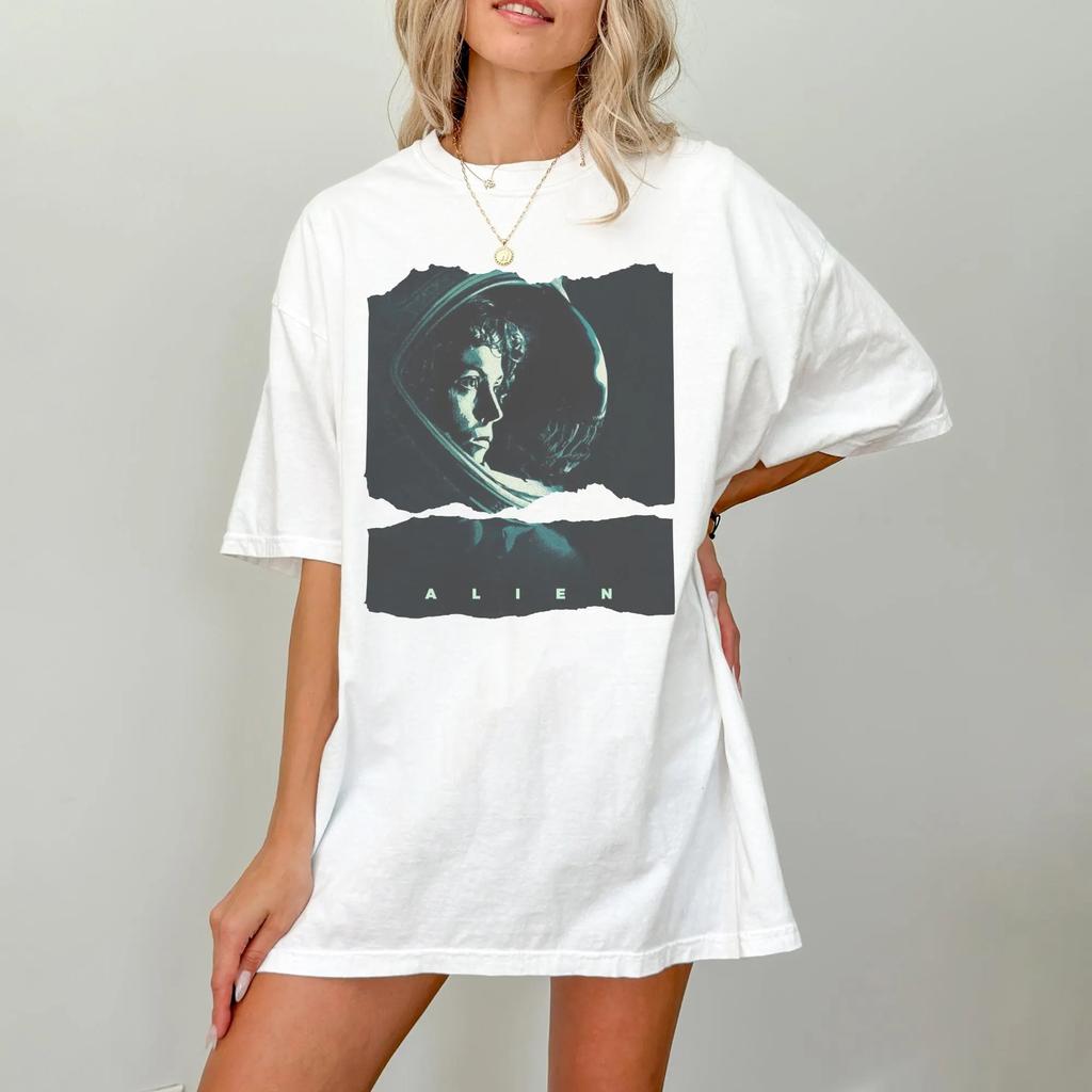 2026 Sommer Damen Retro Alien Film Grafik T-Shirt Unisex Baumwolle und Atmungsaktiv Kurzarm Übergroß Locker Lässig