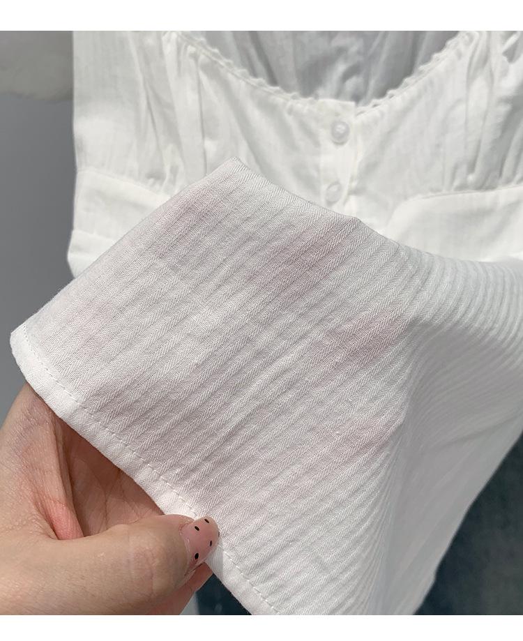 Chic French White Short-Sleeve Bubble Collar Top for Women