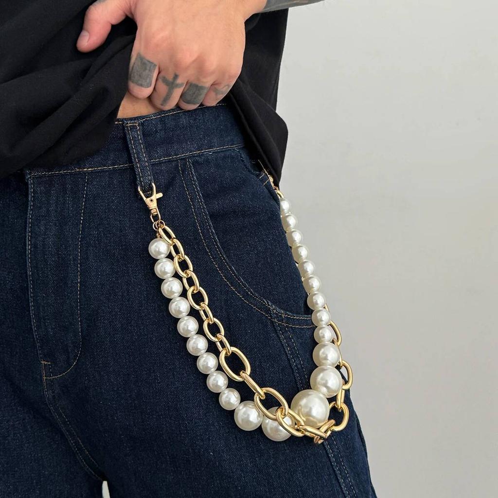 Salircon Hip Hop Multilayer Exaggerated Imitation Pearl Jeans Pants Keychain Men Punk Trousers Hipster Pant Chain Party Jewelry