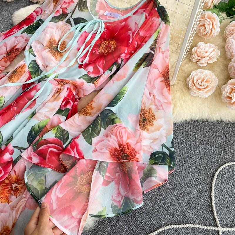 Summer Flower Series Elegant Print Fairy New Seaside Holiday Bell Sleeve Flowy Chiffon Dress
