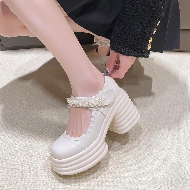 Platform wedding shoes heroine wedding artifact muffin shoes spring shorty Le thick heel pearl Mary Jane bridal high heels