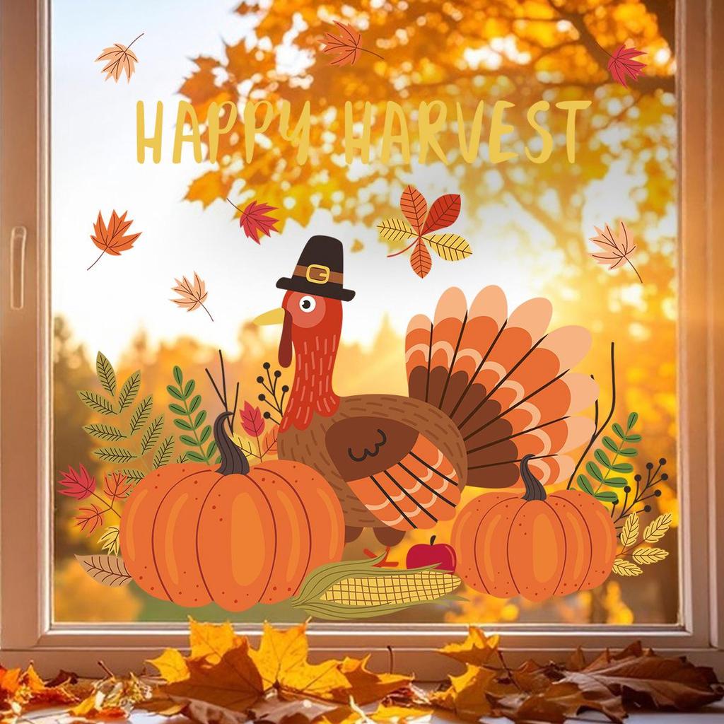 Autumn Harvest Electrostatic Stickers - Thanksgiving Turkey & Pumpkin PVC Glass Decor