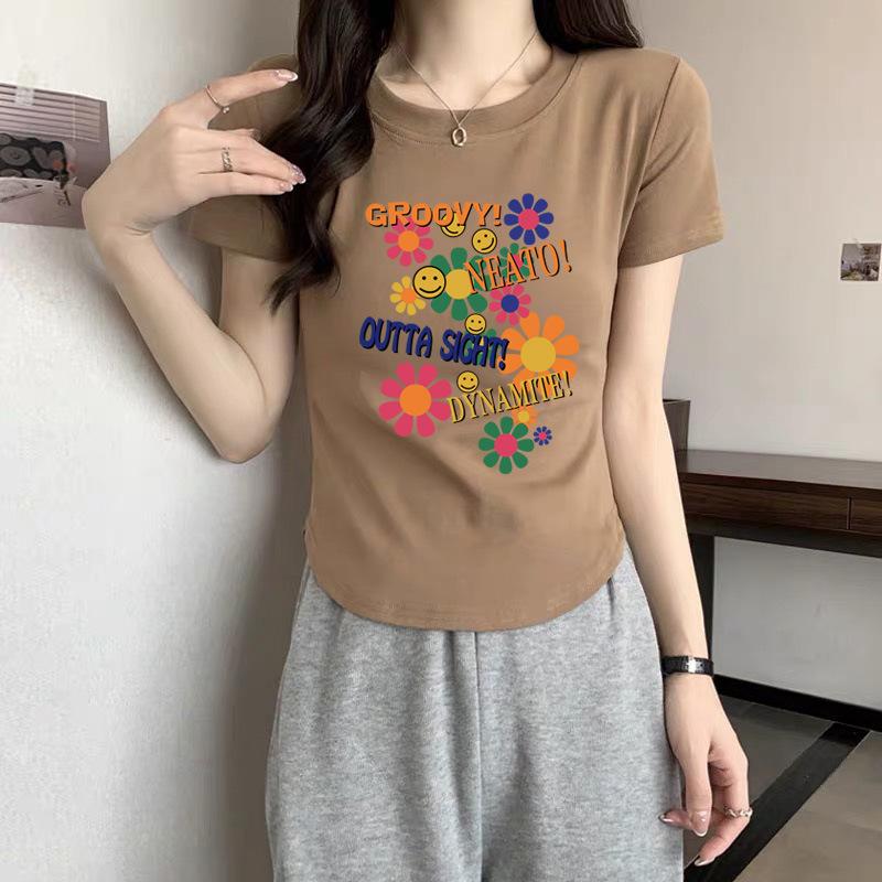 

2025 new shoulder cotton short-sleeved t-shirt women s ns casual fashion versatile foreign style crew neck top summer XXL
