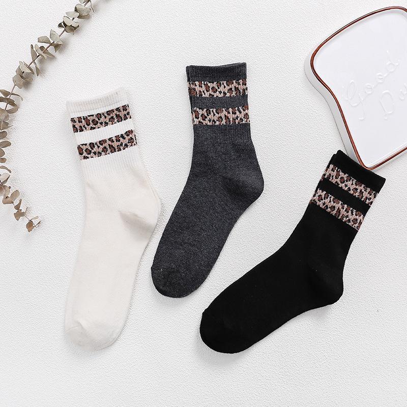 Leopard Print Ribbed Mid-Calf Socks for Women - Autumn/Winter Two-Stripe Casual Design