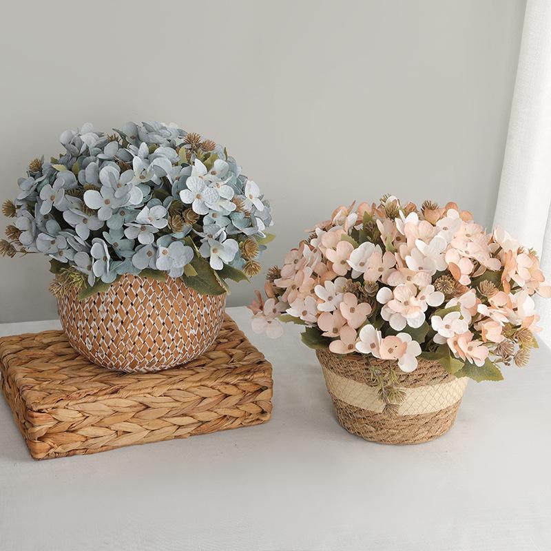 12pcs Artificial 5-Fork Hydrangea Branch Silk Fake Flowers Restaurant Decoration Champagne Monica Hydrangeas Simulation Flowes