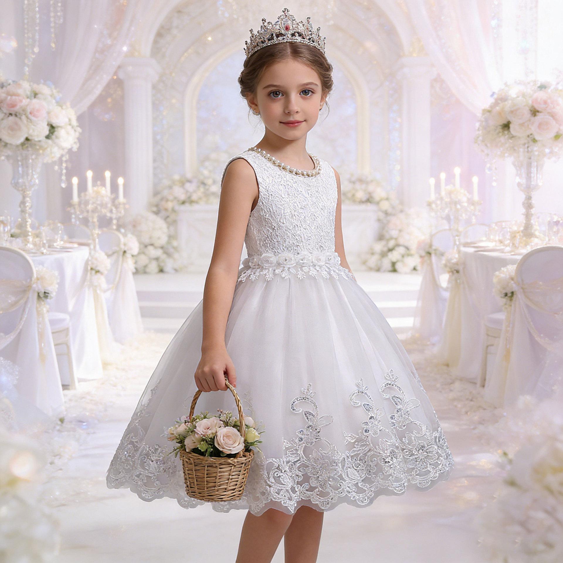 Children s Dress, Beaded Princess Wedding Dress, Fluffy Skirt, Summer Girls Vest, Mesh Skirt 100cm белый