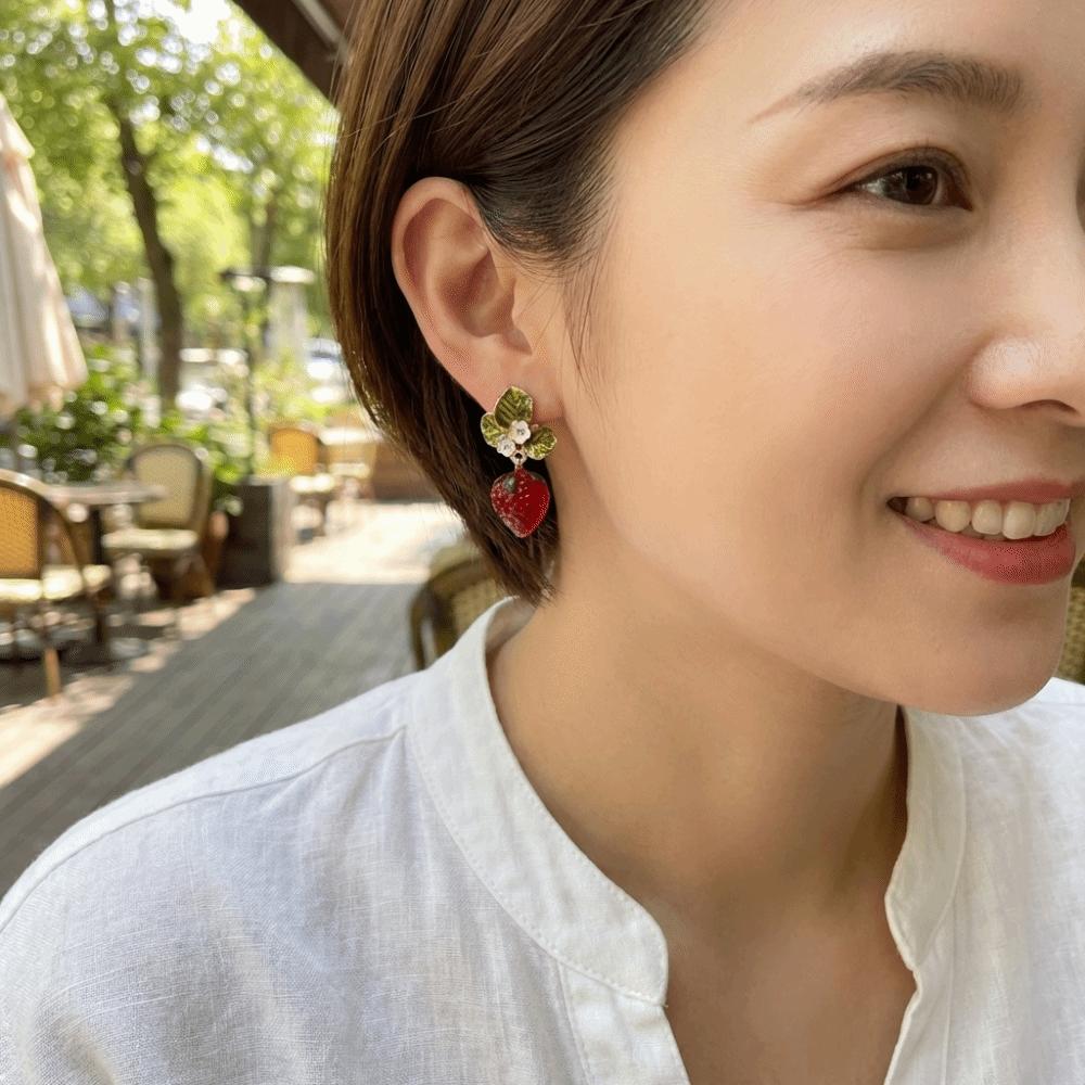 Green Leaves Simulated Fruit Earrings Dainty Flower Drop Earrings Strawberry Drop Earrings  Girls