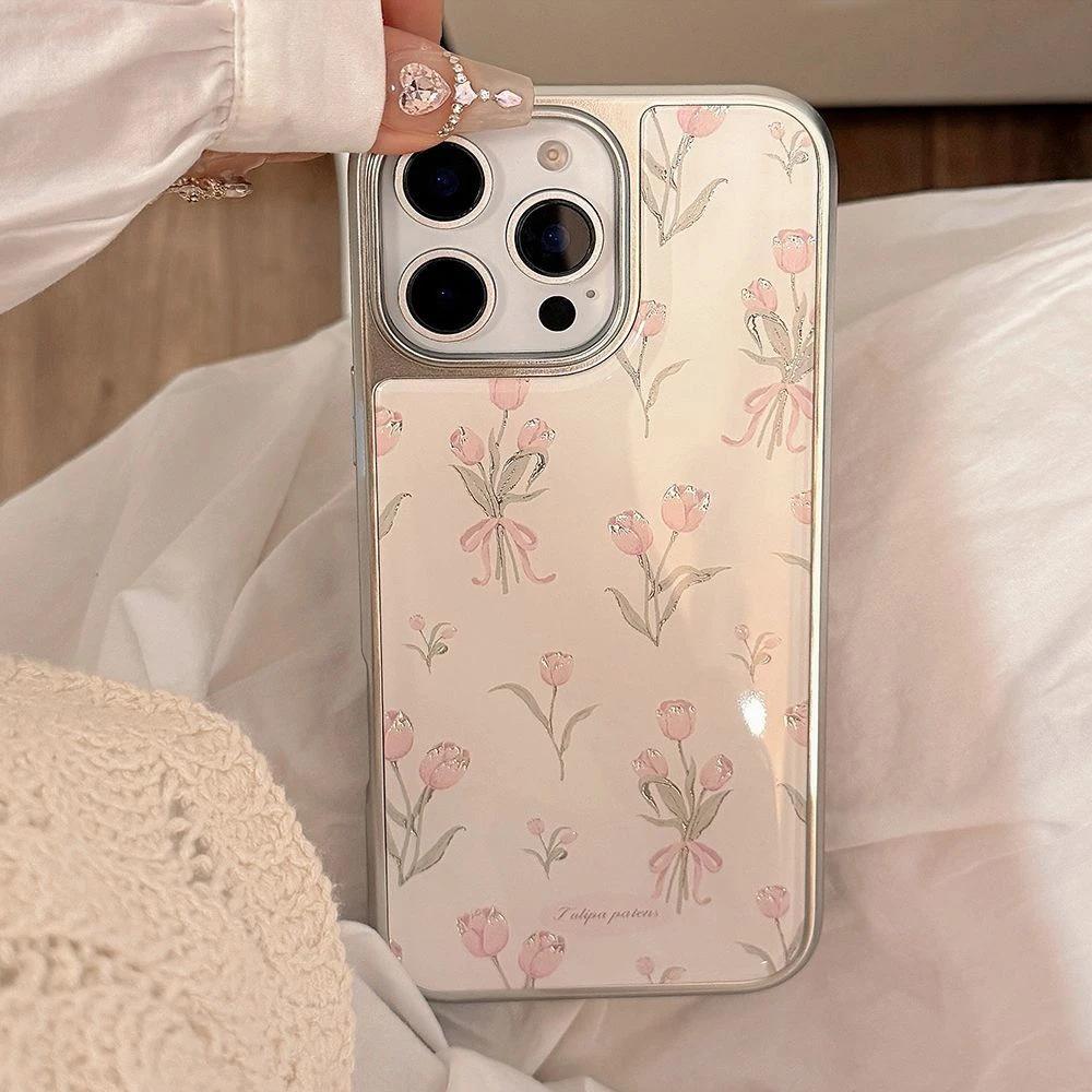 ins sweet pink tulip for apple 17/16 electroplated silver water condensation mobile phone case IP15 fresh 14 girl