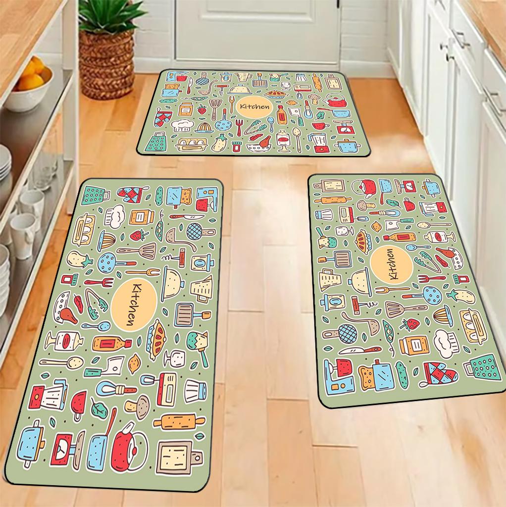 Cartoon Graffiti Knife and Fork Soft Kitchen Non-slip Floor Mat, Kitchen Carpet Mat, Washable Home Decoration Carpet Mat