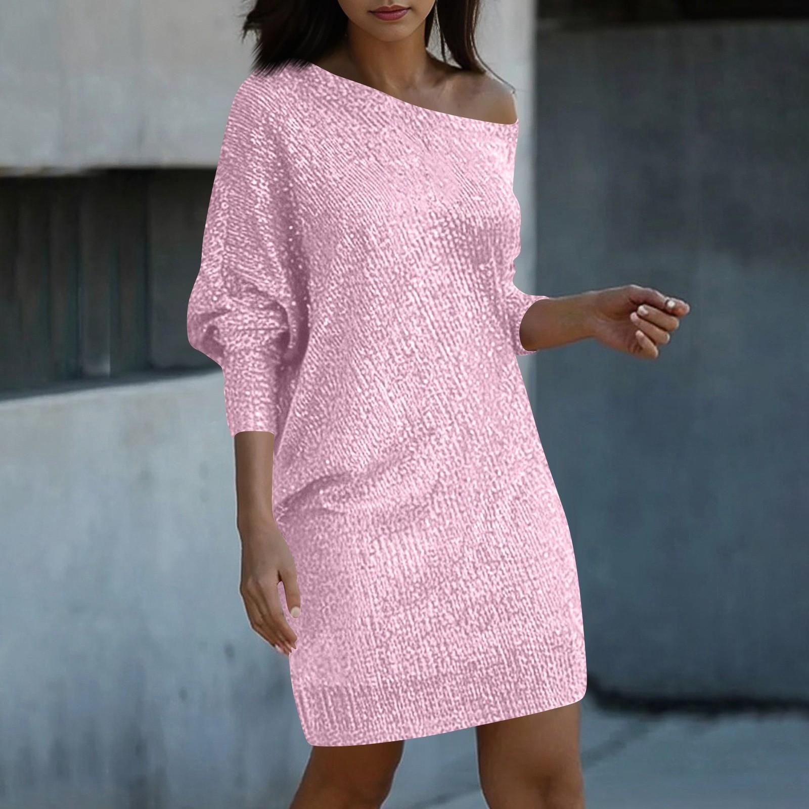 

Women s Fashion Dresses Slant Shoulder Long Sleeve Dresses Solid Color Sexy Dresses XXXL розовый