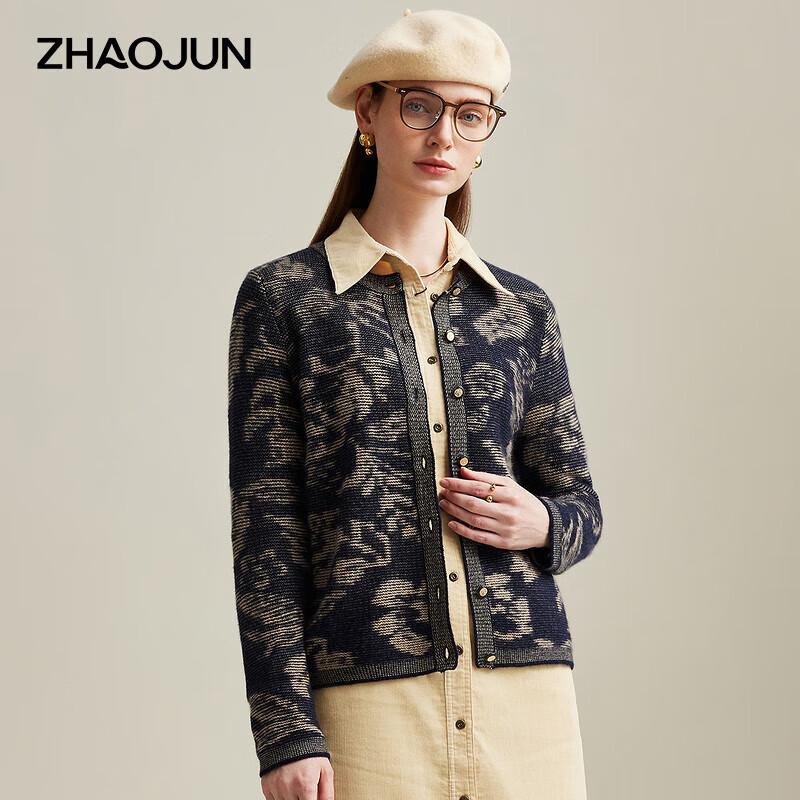 Zhaojun Women's Silhouette Jacquard Pure Cashmere Round Neck Cardigan