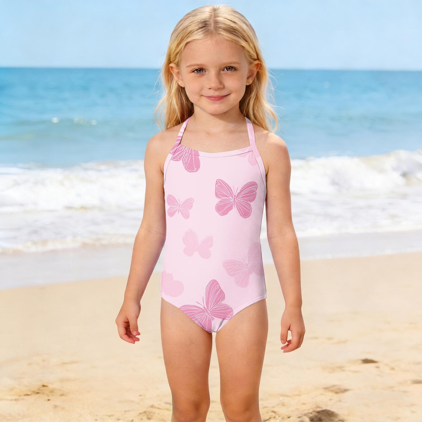 

Girls One Piece Swimsuit Floral Print Halter Neck Adjustable Straps Summer Swimwear for Kids and Teens 120 розовый